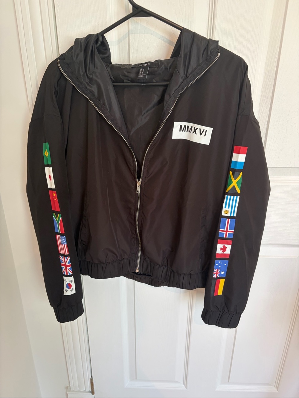 Forever 21 Black Bomber Jacket with Flag Sleeve Details